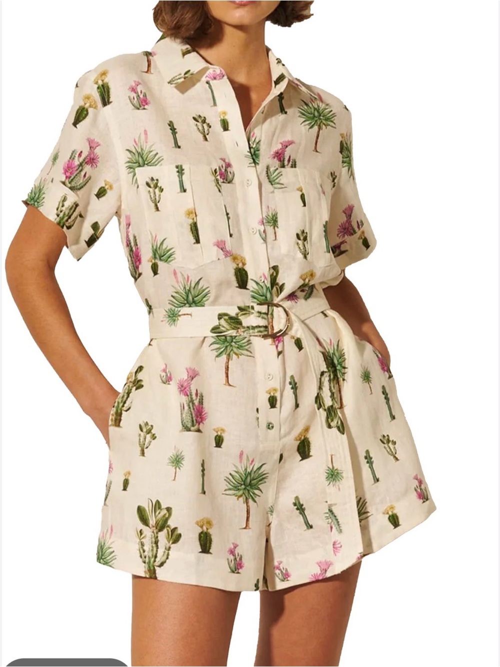 Kivari Desert Cactus Print Linen Blend Utility Shirt Dress Romper Belted Sz US 8